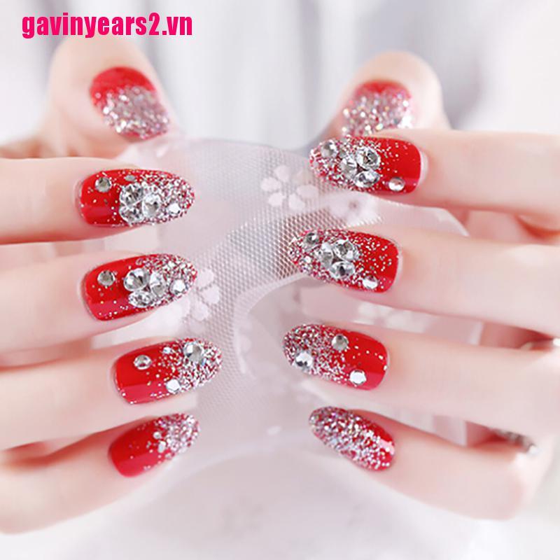 Set 24 Móng Tay Giả Hình Tròn Màu Đỏ Bằng Acrylic