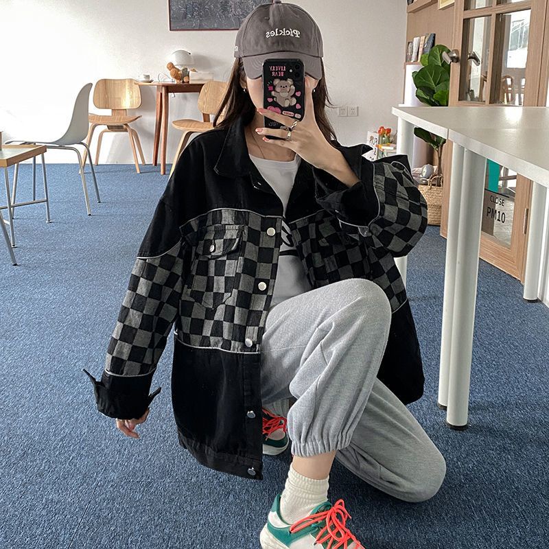 Áo khoác style Hàn bò denim tone đen phối vạt kẻ caro họa tiết bàn cờ có size ulzzang Hàn