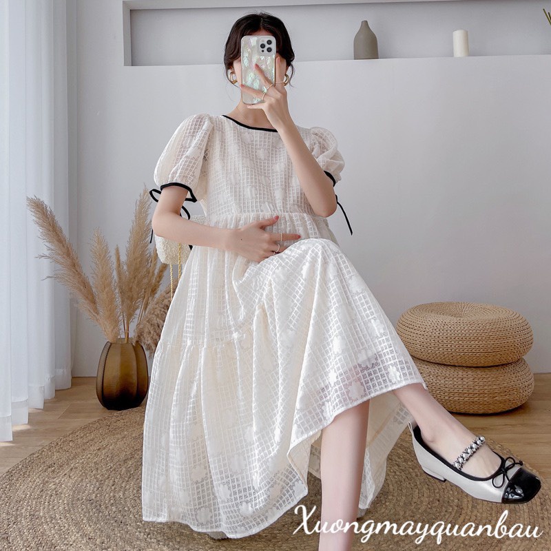 Váy bầu dáng xuông phong cách Hàn Quốc thiết kế viền dây nơ đen cánh tay điệu đà V341
