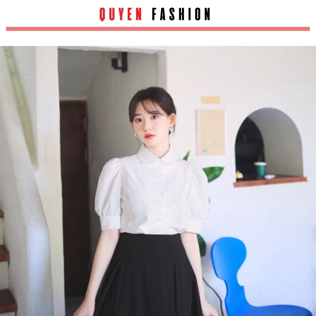 Áo nữ cổ đức bản tròn màu trắng ngắn tay, sơ mi công sở thời trang hàn quốc Quyên Fashion AA582