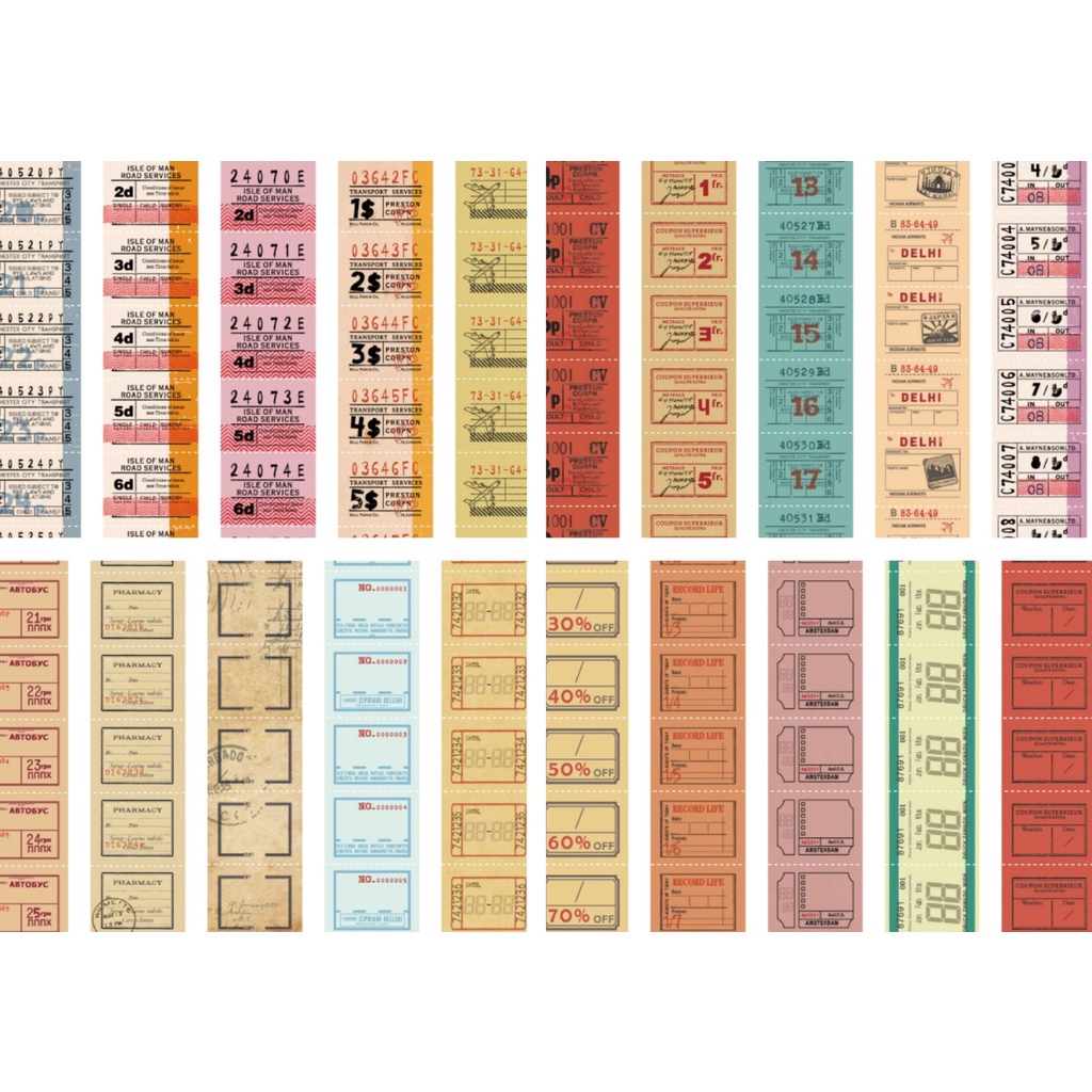 Set 80 giấy nền họa tiết tem vé phiếu mua hàng cổ điển nhiều kích cỡ nguyên liệu trang trí sổ, nhật ký, vintage journal
