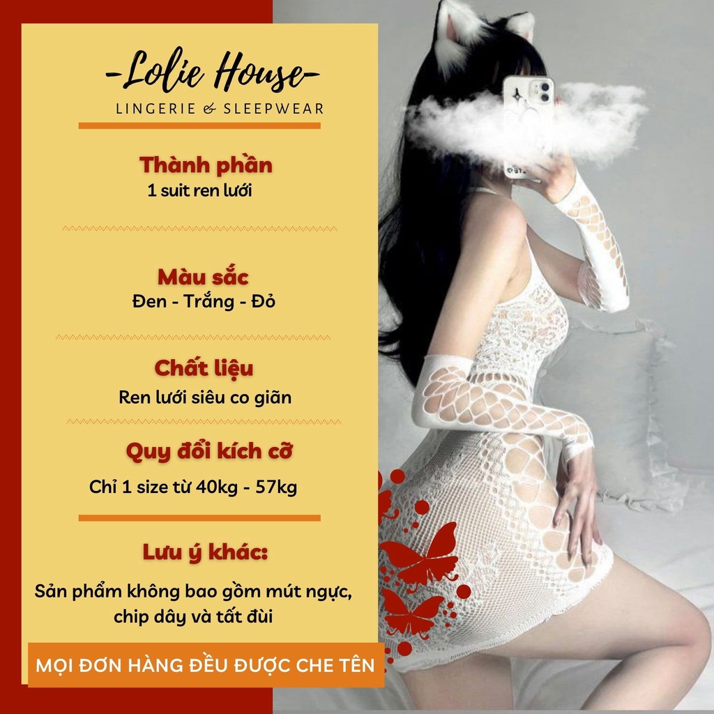 Váy body ren lưới sexy kèm găng tay quyến rũ, váy đầm ngủ xuyên thấu ôm sát LOLIE HOUSE - BS21
