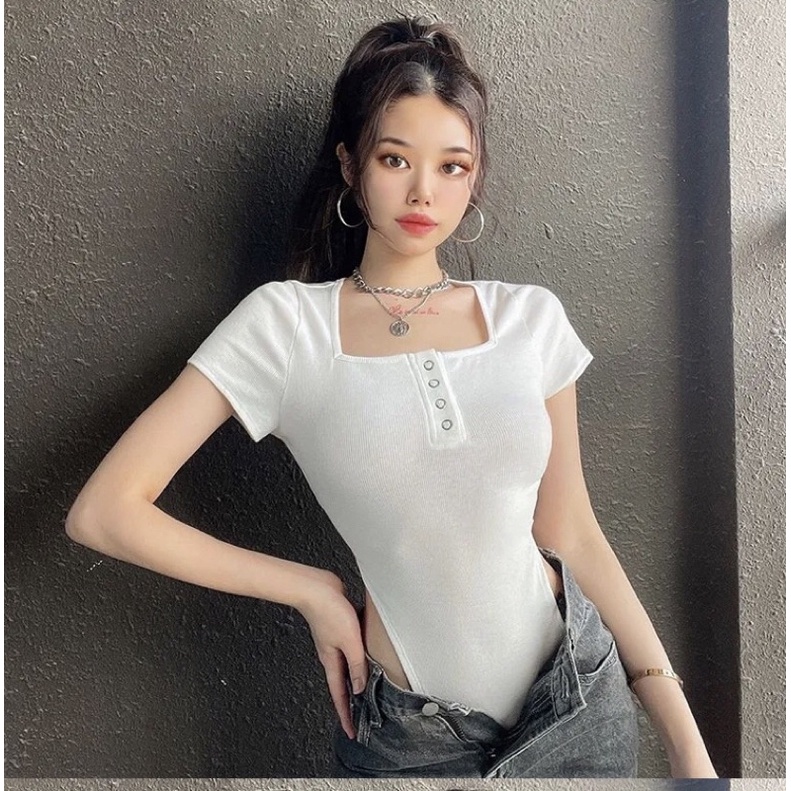 Bodysuit nữ khoét eo cao sexy, tay ngắn, cổ tròn, nút trước ngực, chất thun gân, áo liền thân ôm body | BigBuy360 - bigbuy360.vn
