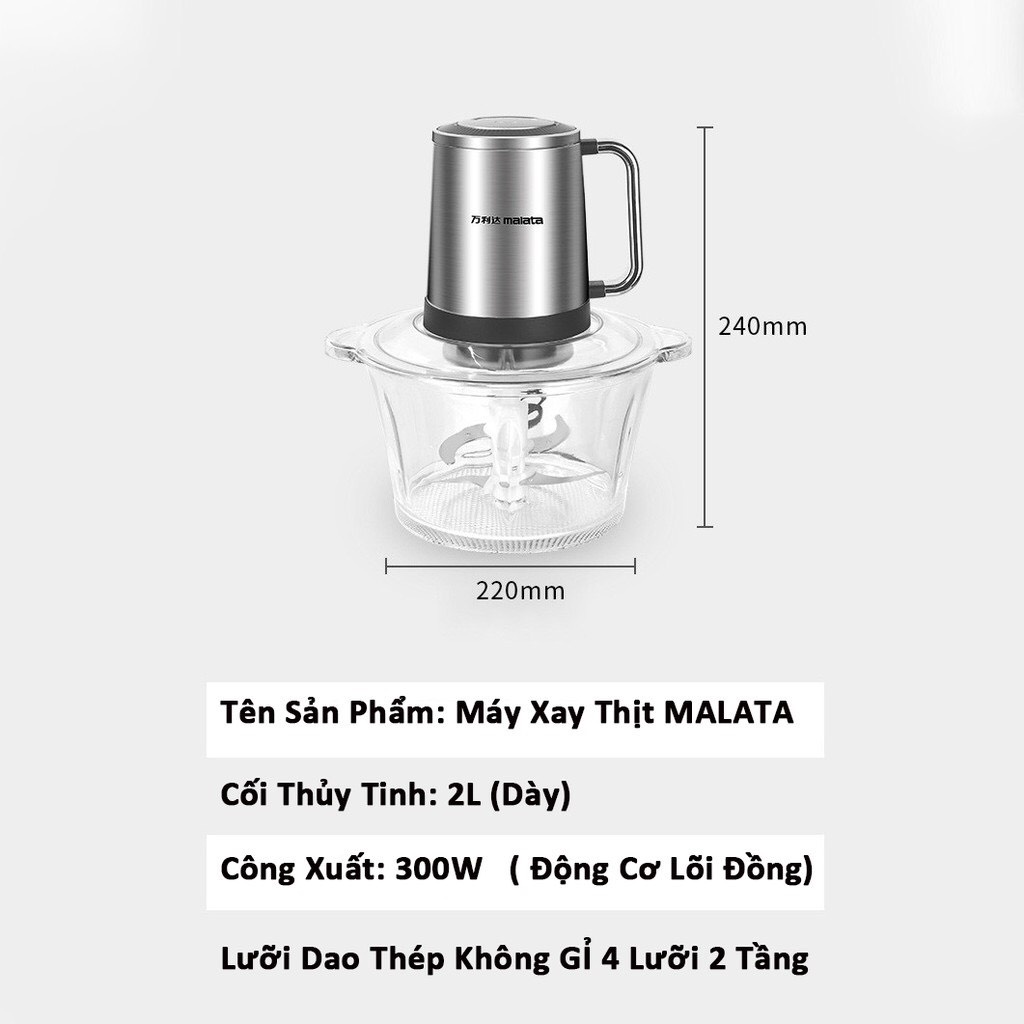 (1211)(HOẢ TỐC 15')[Bảo Hành 12 Tháng]Máy Xay Thịt MALATA Cối Thủy Tinh 2L Công Xuất 300W Động Cơ Lõi Đồng Bảo Hàng 12 T