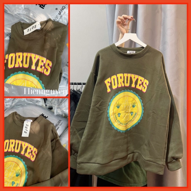Áo Swearter FORUYES Tay Bồng  Nữ [FREESHIP] Nỉ form rộng oversize màu Xanh in hình cá tính Ulzzang