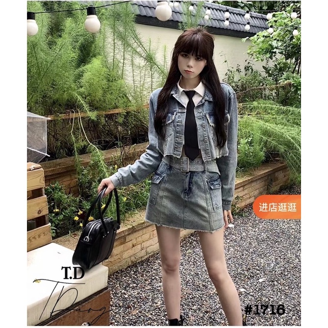 Set áo khoác jean + chân váy kèm đai hàng QCL1