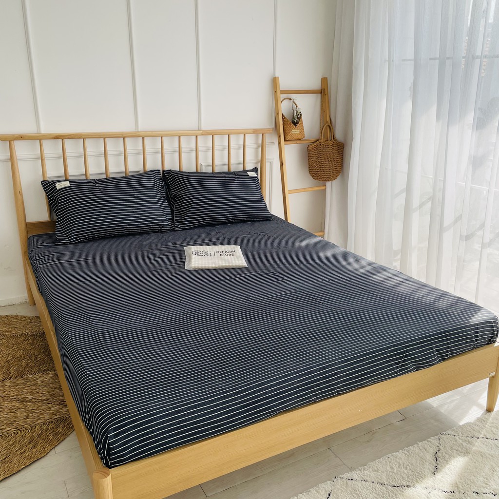 Bộ ga gối cotton tici kẻ Vintage cotton hoạt tính - Kẻ Ngang Đen