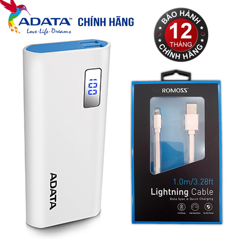 Combo Pin sạc 12500MAH ADATA (Trắng) + Cáp sạc iPhone/iPad