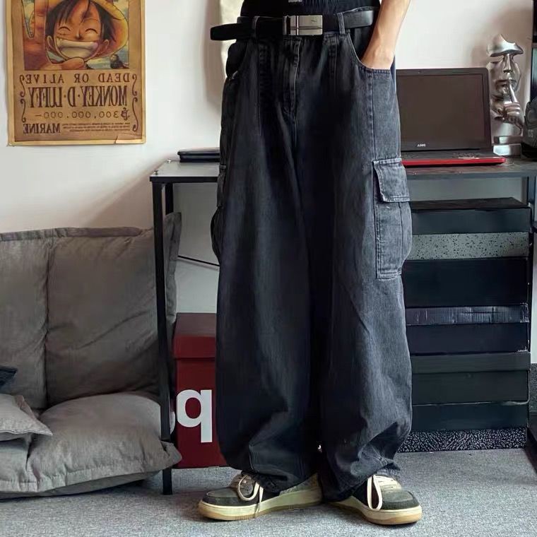 Men jeans Wide Leg denim pant Loose Straight Baggy men's jeans Streetwear Hip Hop casual Skateboard pants S-5XL Neutral trousers Dark high street retro wash loose wide leg jeans men's drooping feeling floor dragging lazy work clothes big pocket daddy pant