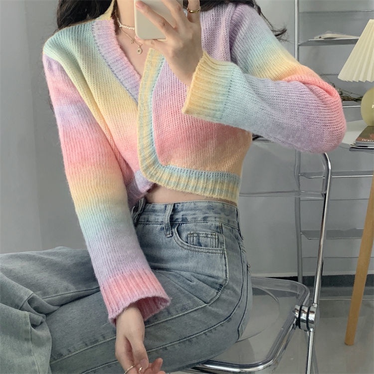 Áo Khoác Cardigan Dệt Kim Tay Dài Dáng Rộng Màu Nhuộm Phong Cách Hàn Quốc Thời Trang Thu Đông Cho Nữ