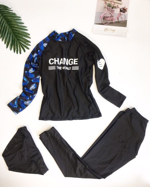 Set Bộ Đồ Quần Áo Tập Bơi Đi Tắm Biển Nữ Bikini tay dài quần dài của nữ đen phối lá xanh (kèm ảnh thật ) | BigBuy360 - bigbuy360.vn