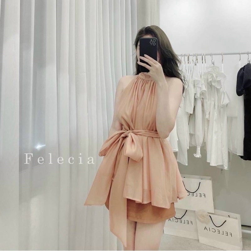 Áo kiểu nữ cổ yếm hở vai 2 lớp kèm dây đai, áo babydoll sang chảnh buộc nơ