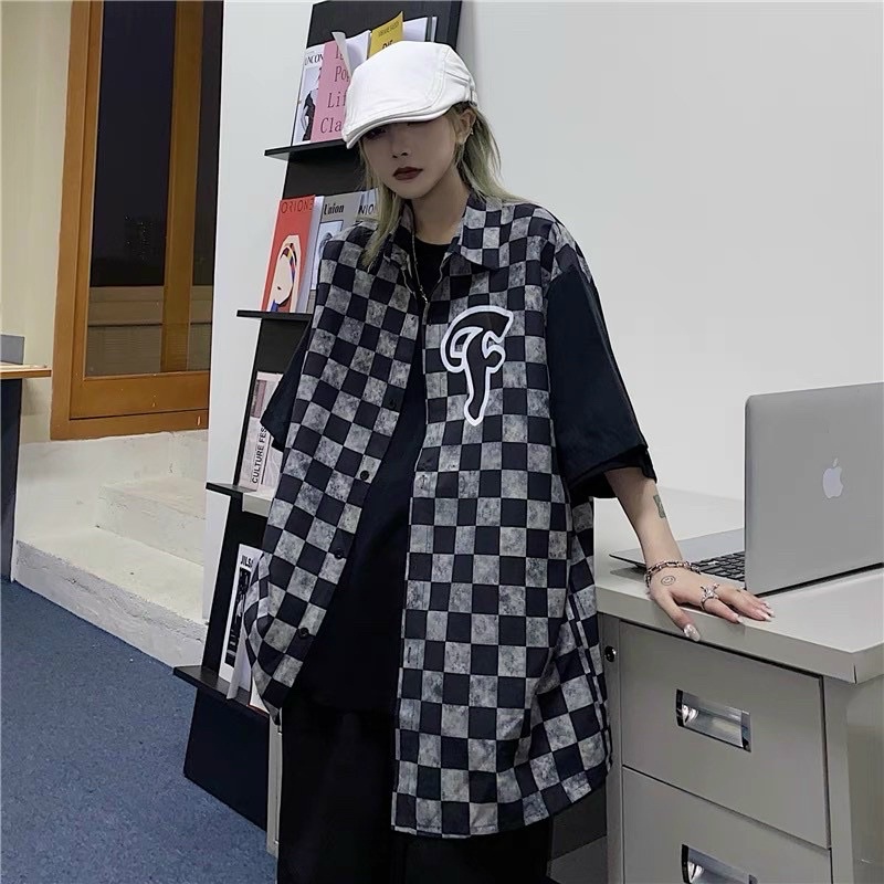 Áo sơ mi 🌸 Áo cổ bẻ form rộng unisex cộc tay bàn cờ chữ F phong cách Hàn Quốc Ulzzang PHULA nữ