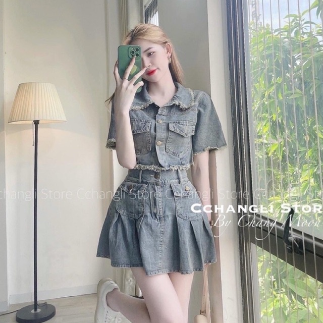 Set bộ bò jean áo sơ mi crt viền bèo mix chân váy xoè xếp li siêu xinh L1 hv nhtk