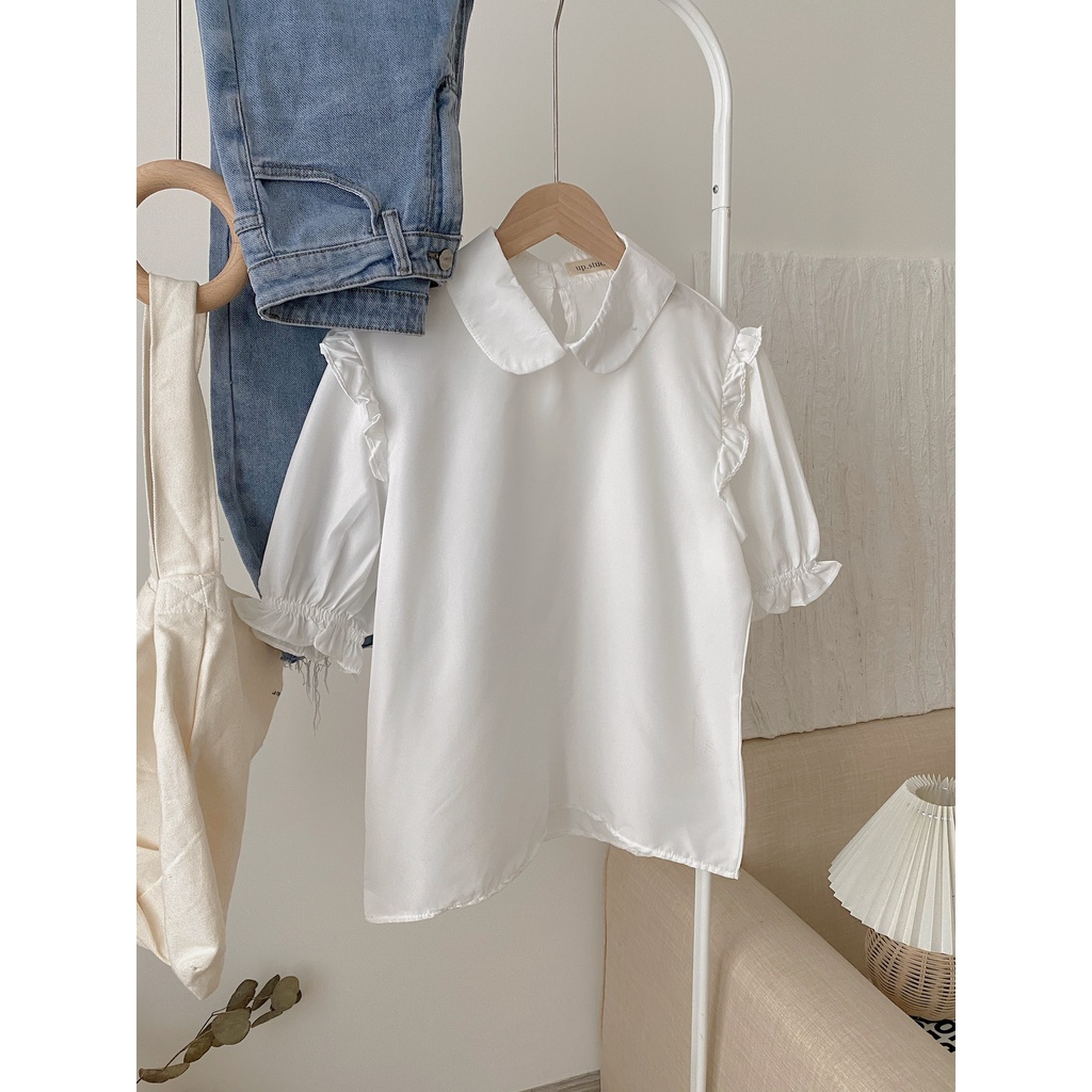 Áo sơ mi trắng nữ cổ sen dài tay màu trắng đẹp, Sơ mi kiểu bánh bèo tiểu thư Hàn Quốc Rubyshop94