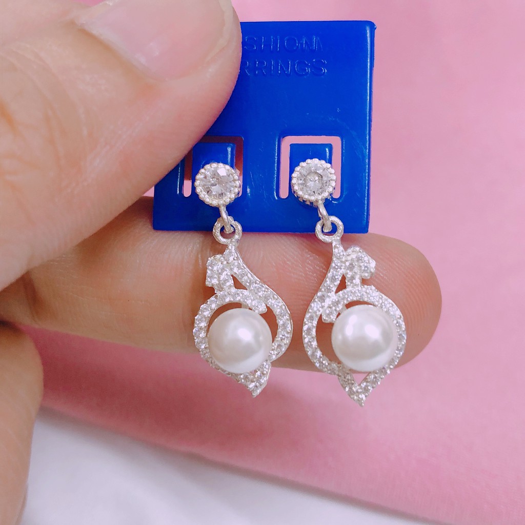 Bông tai nữ bạc ta gắn hạt châu nhỏ xinh - Bibi silver - BBS