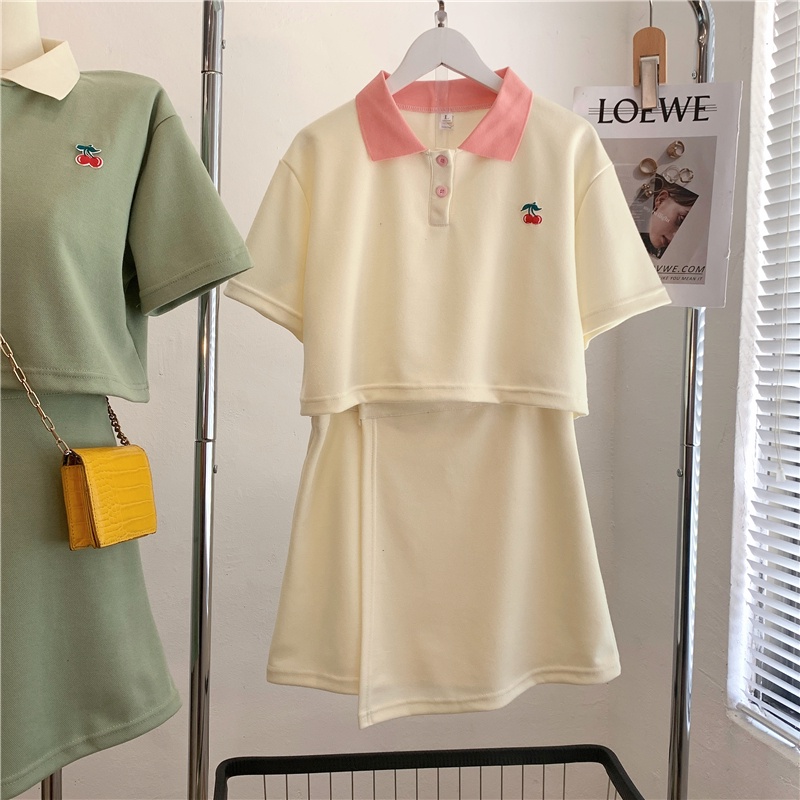 Bộ đồ SUXI gồm áo thun polo ngắn tay và chân váy chữ A lưng cao ôm dáng đơn giản thời trang mùa hè dành cho nữ