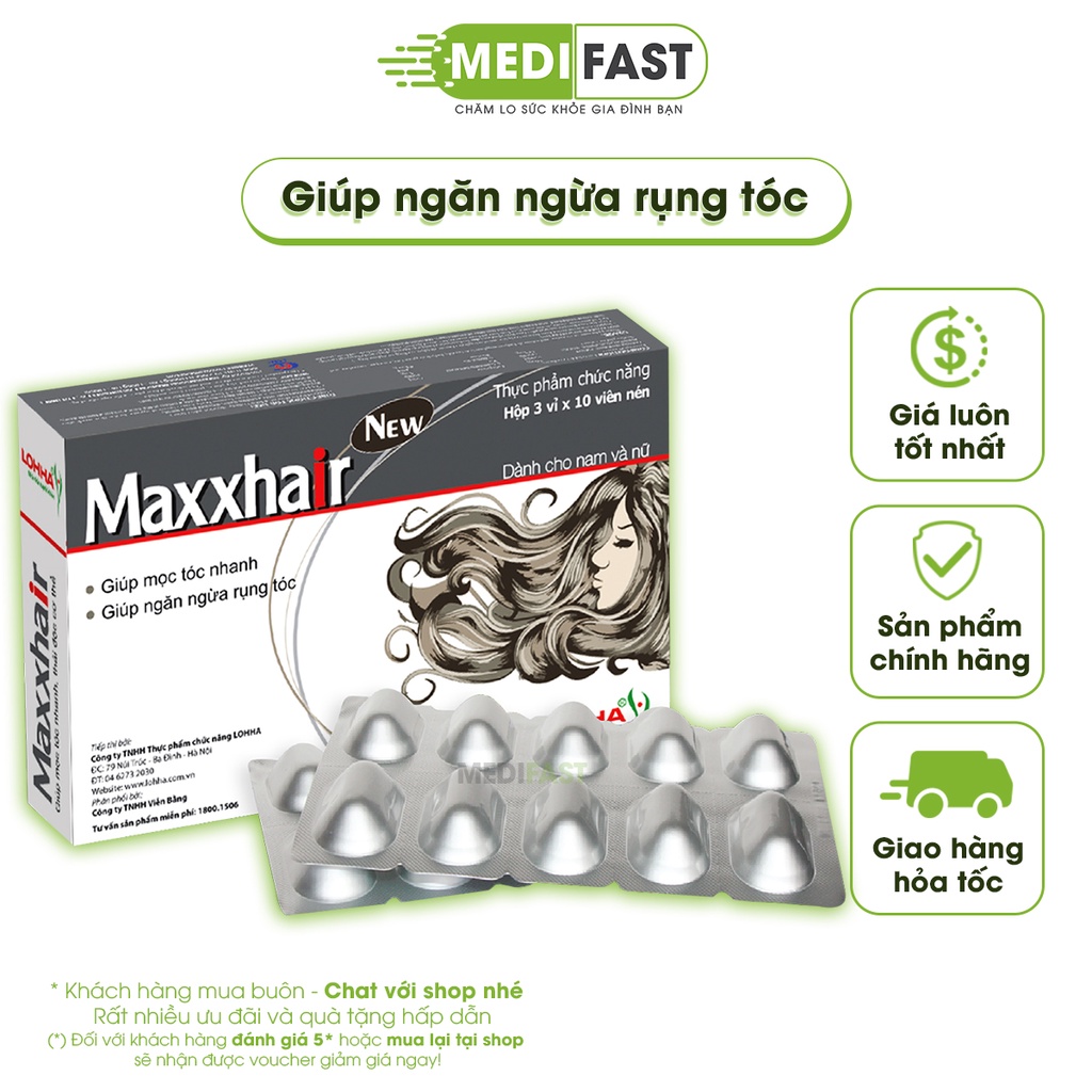 Kích thích mọc tóc Maxxhair Hộp 30 viên hỗ trợ giảm rụng tóc - Mua 6 tặng 1 bằng tem tích điểm - Maxhair từ thảo dược