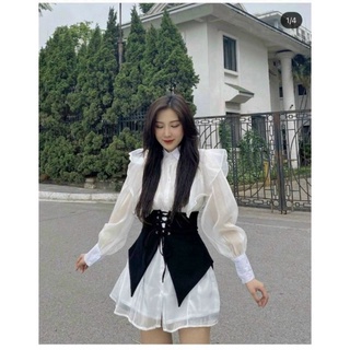 ÁO SƠ MI VOAN CỔ BÈO ĐAN DÂY EO