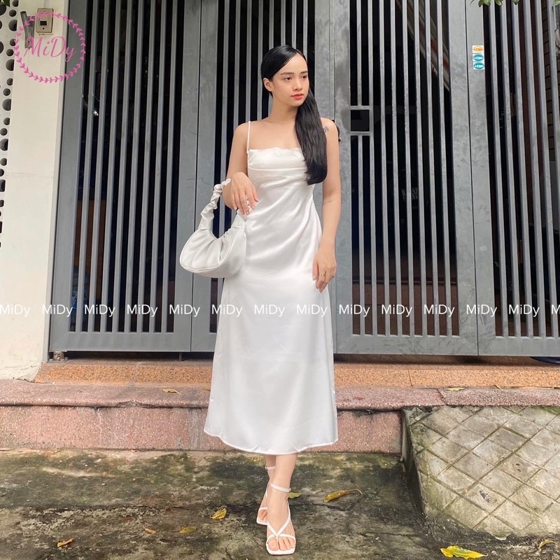 VÁY LỤA TRẮNG CAO CẤP 2 LỚP DÀY DẶN, MỊN MÀNG - MIDY.VN (hình tự chụp)