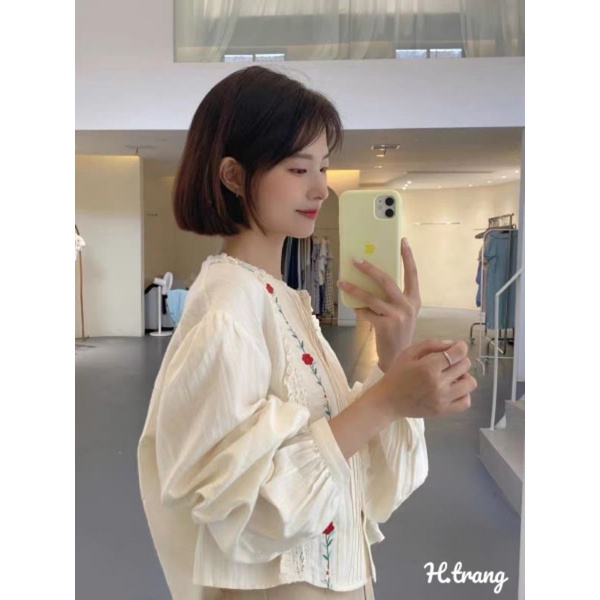 Sơ mi viền ren thêu hoa siêu xinh