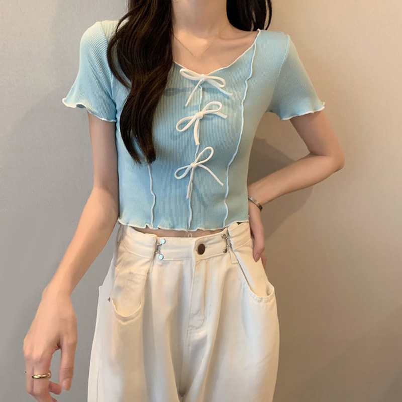 Áo Thun Croptop Dệt Kim Tay Ngắn Cổ Tròn Phối Nơ Họa Tiết Kẻ Sọc Màu Tương Phản Dễ Thương Thời Trang Cho Nữ