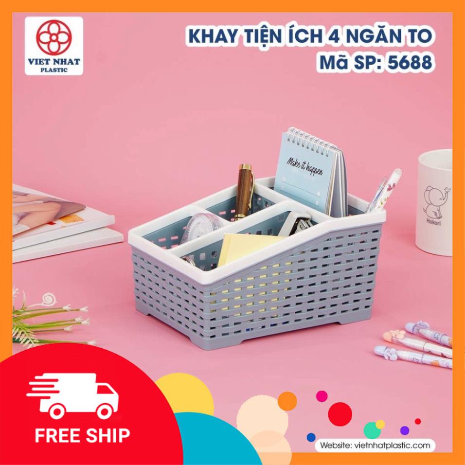Rổ Nhựa Văn Phòng 4 Ngăn Đựng Bút, Remote, Điện Thoại, Vật Dụng Tiện Ích