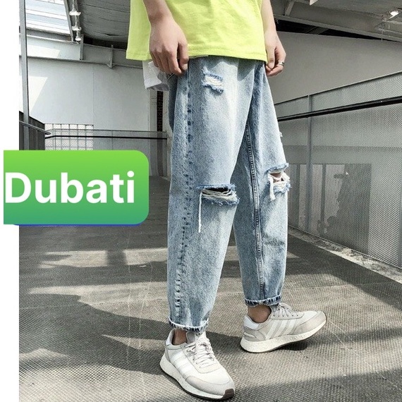 Quần Jean Nam Rách Gối Xanh Trơn, Quần Baggy Jeans Nam Unisex- DB 46- DUBATI FASHION