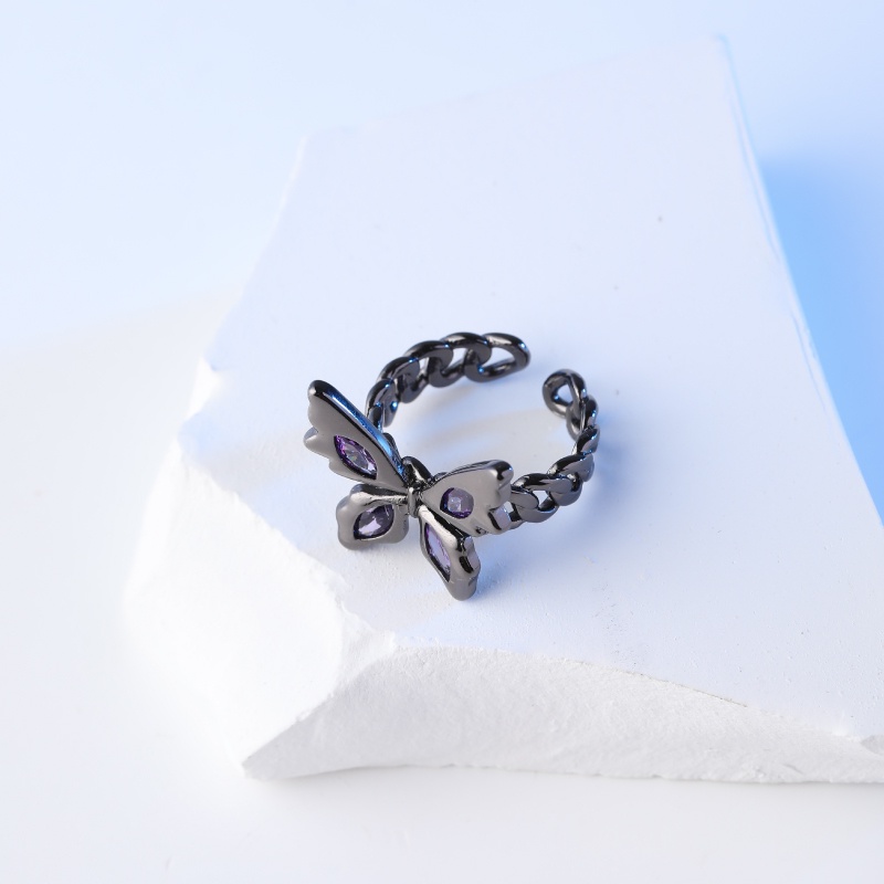 Nhẫn Hở Hình Bướm Màu Đen / Tím Đính Đá Tím Phong Cách vintage Hàn Quốc Thời Trang
