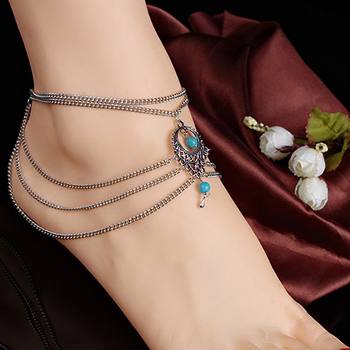 Lắc chân tua rua đính đá ngọc lam phong cách Boho | BigBuy360 - bigbuy360.vn