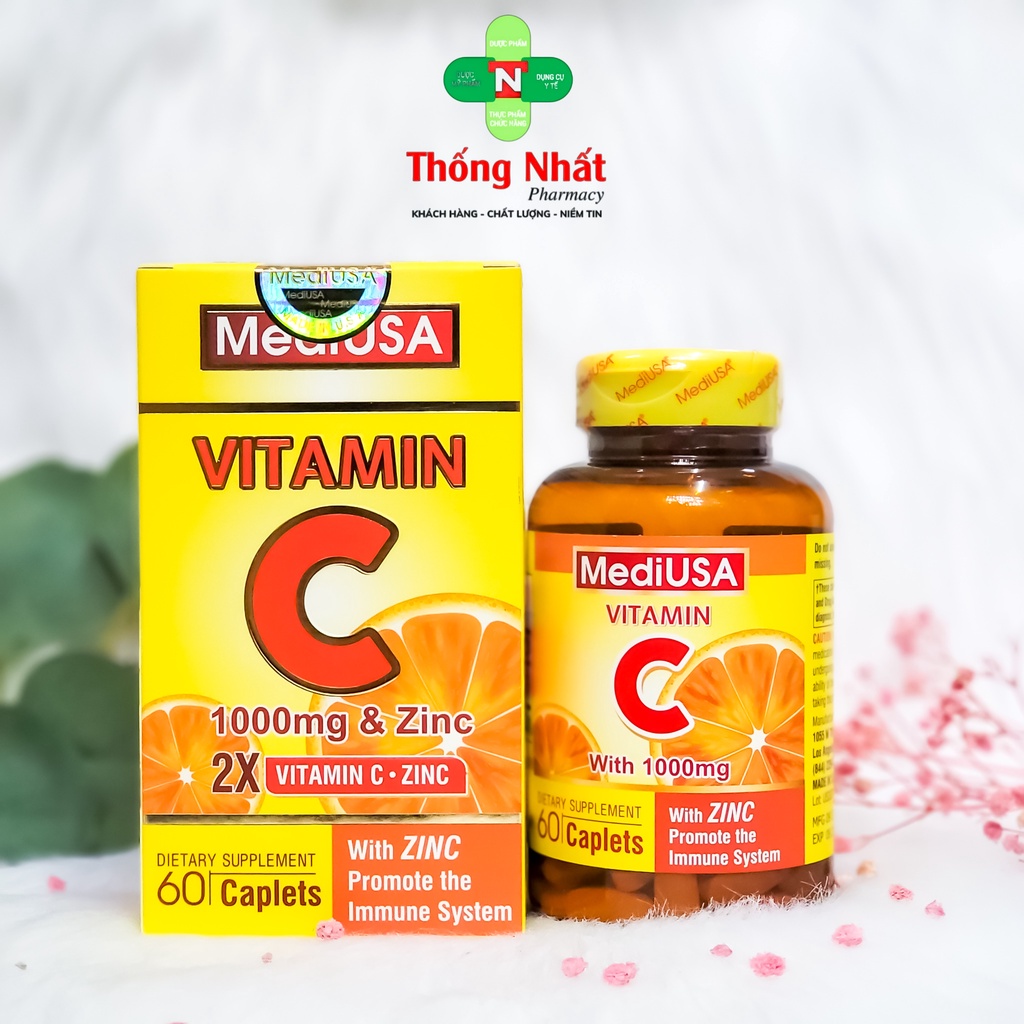 Viên uống Vitamin C 1000mg và Kẽm giúp trắng da tăng sức đề kháng MediUSA Vitamin C Hộp 60 viên