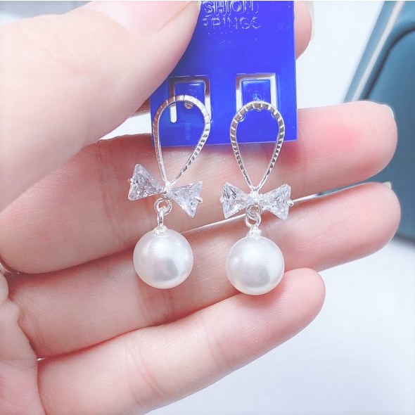Bông tai bạc ta hình nơ đính hạt trai sang trọng - Trang sức bạc Evasilver