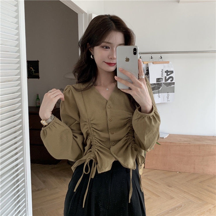 Áo Sơ Mi Cổ Chữ V Tay Dài Phối Dây Rút Phong Cách Hồng Kông Thời Trang Mùa Thu Dành Cho Nữ 2021