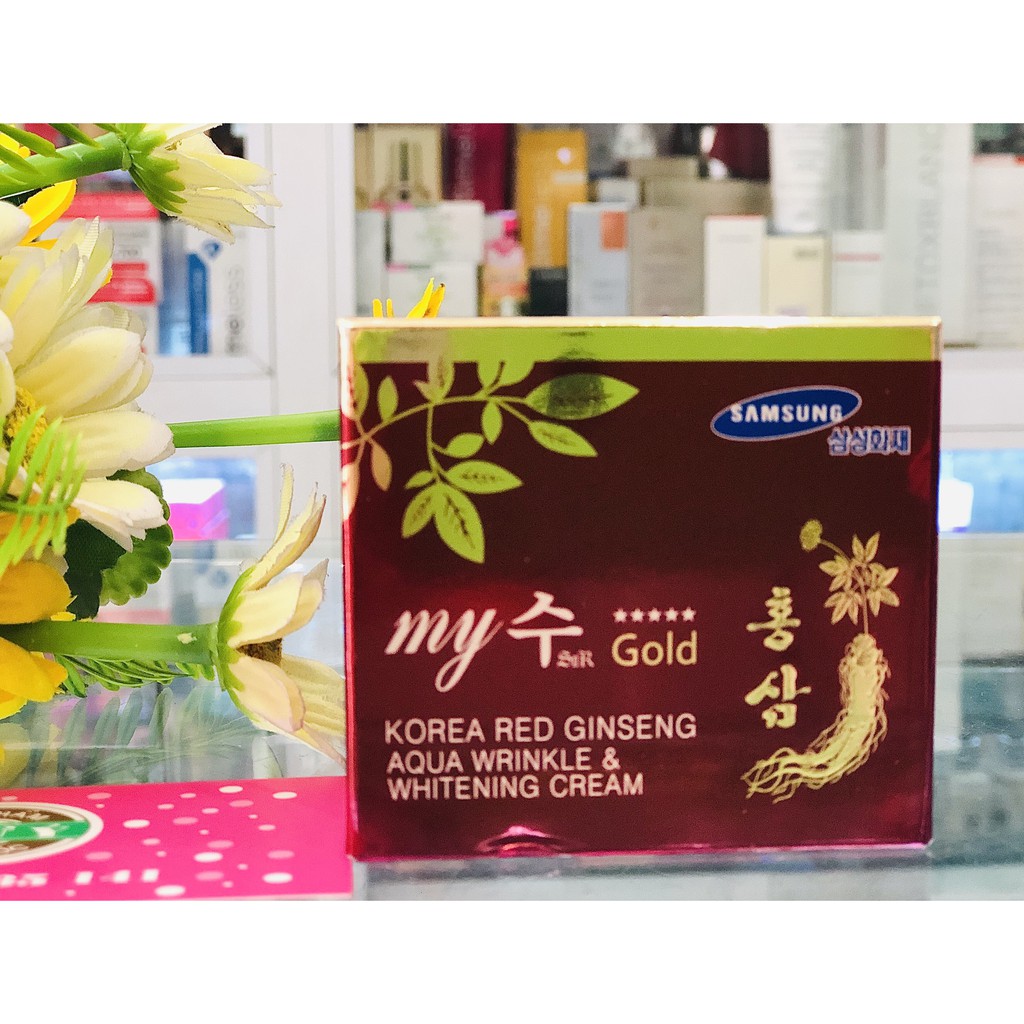 KEM DƯỠNG DA HỒNG SÂM NGÀY VÀ ĐÊM KOREA RED GINSENG AQUA WRINKLE & WHITENING CREAM MY GOLD 50ML