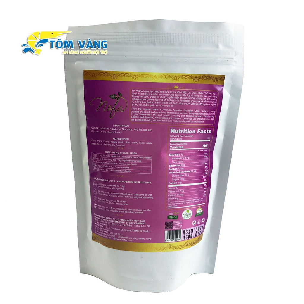 Nho khô không đường NOFA sấy mọng Chua ngọt tự nhiên 250g - Da đẹp sáng mịn - Tôm Vàng