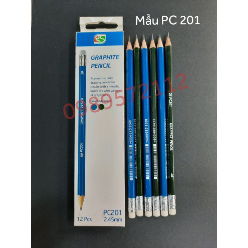 Hộp 12 cái bút chì 2B có tẩy GS. PC 201-202-203