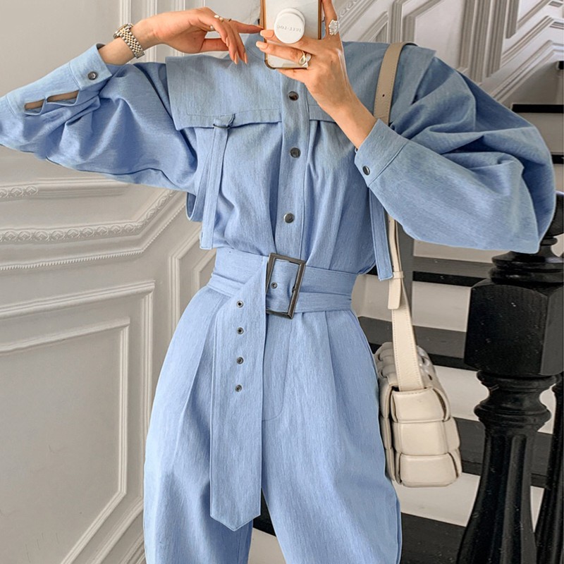 Jumpsuit Tay Phồng Korea Style Kèm Thắt Lưng Cá Tính Đồ Bay Sơ Mi Nữ Quần Tây Dài Demin Trắng Thanh Lịch Công Sở