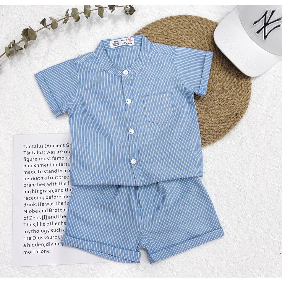 Bộ set công tử đầy tháng thôi nôi vải đũi sọc bé trai cổ trụ 6-14kg