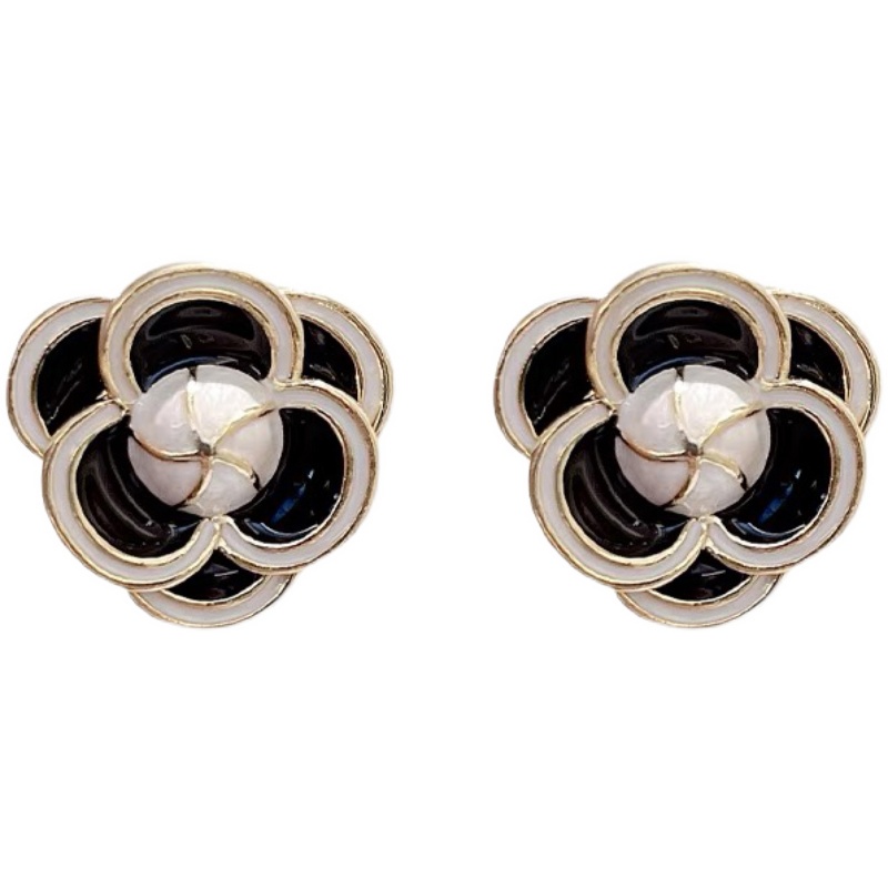 Bông Tai Hình Hoa Màu Trắng Đen Phong Cách Retro