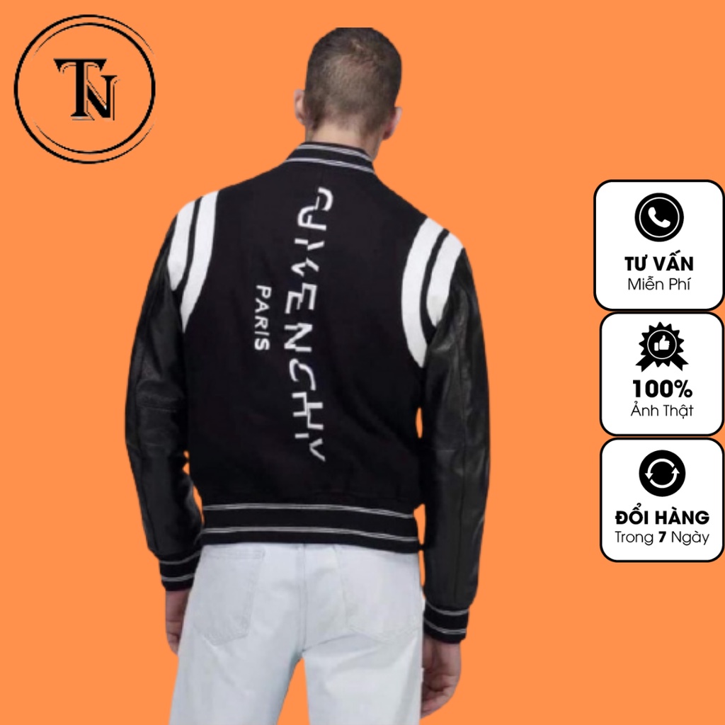 Bomber,áo khoác TINOWEAR tay da viền trắng thêu chữ dọc lưng