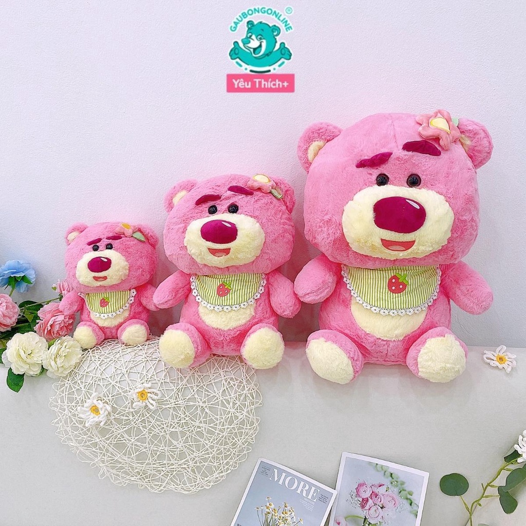 Gấu Dâu Lotso Baby Yếm Ngồi Hai Màu Hồng, Xanh Gấu Bông Lotso Tai Dâu Dễ Thương