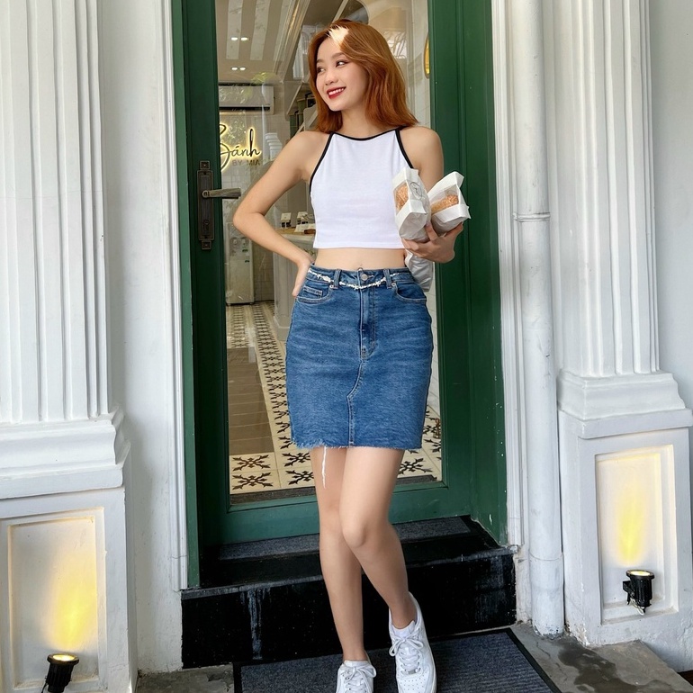 Chân váy jeans nữ dáng ôm TOPTIFY rách lai Celeste Skirts TVJ04