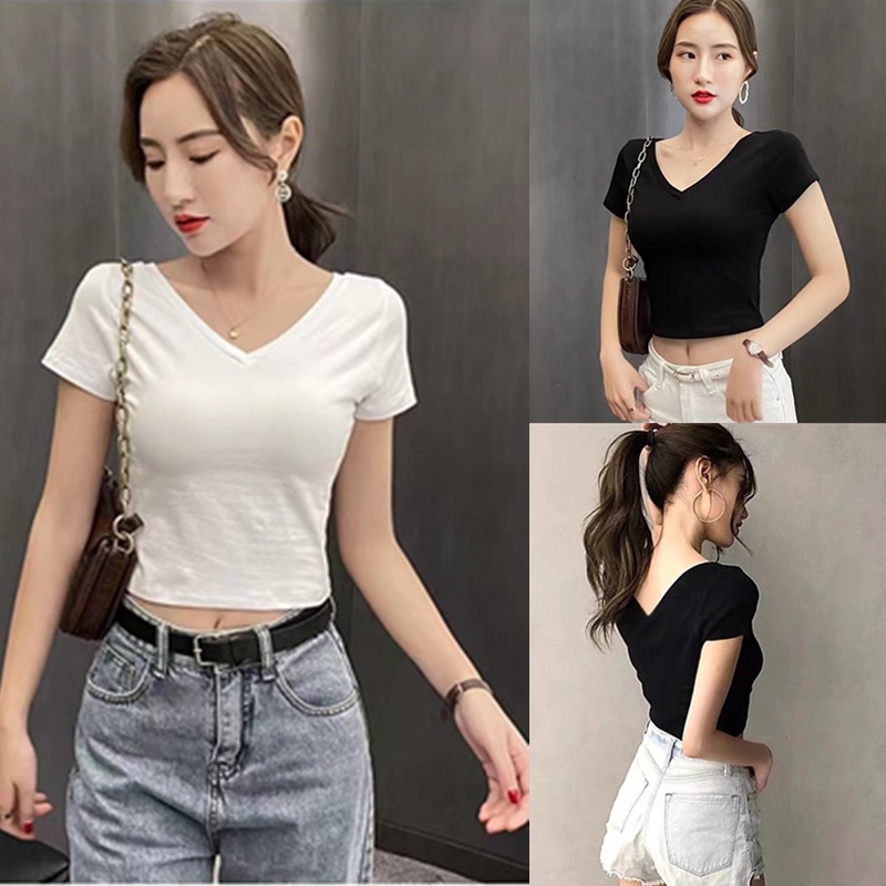 WANGJIAOZHAN Áo thun tn cổ chữ V màu trơn thời trang cho nữ