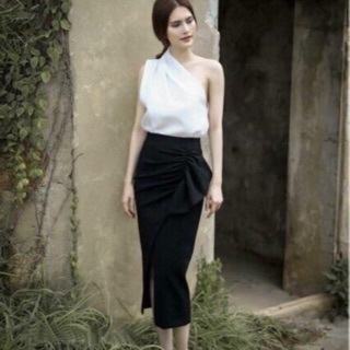 Chân váy bút chì dài xếp bèo lệch sườn (công sở)