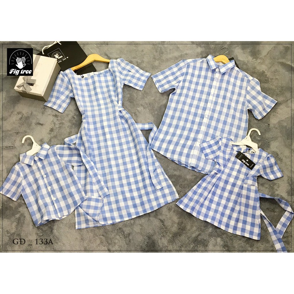 Combo Sơ Mi Váy Gia Đình FIGTREE Caro Xanh Mã 133A Nhã Nhặn