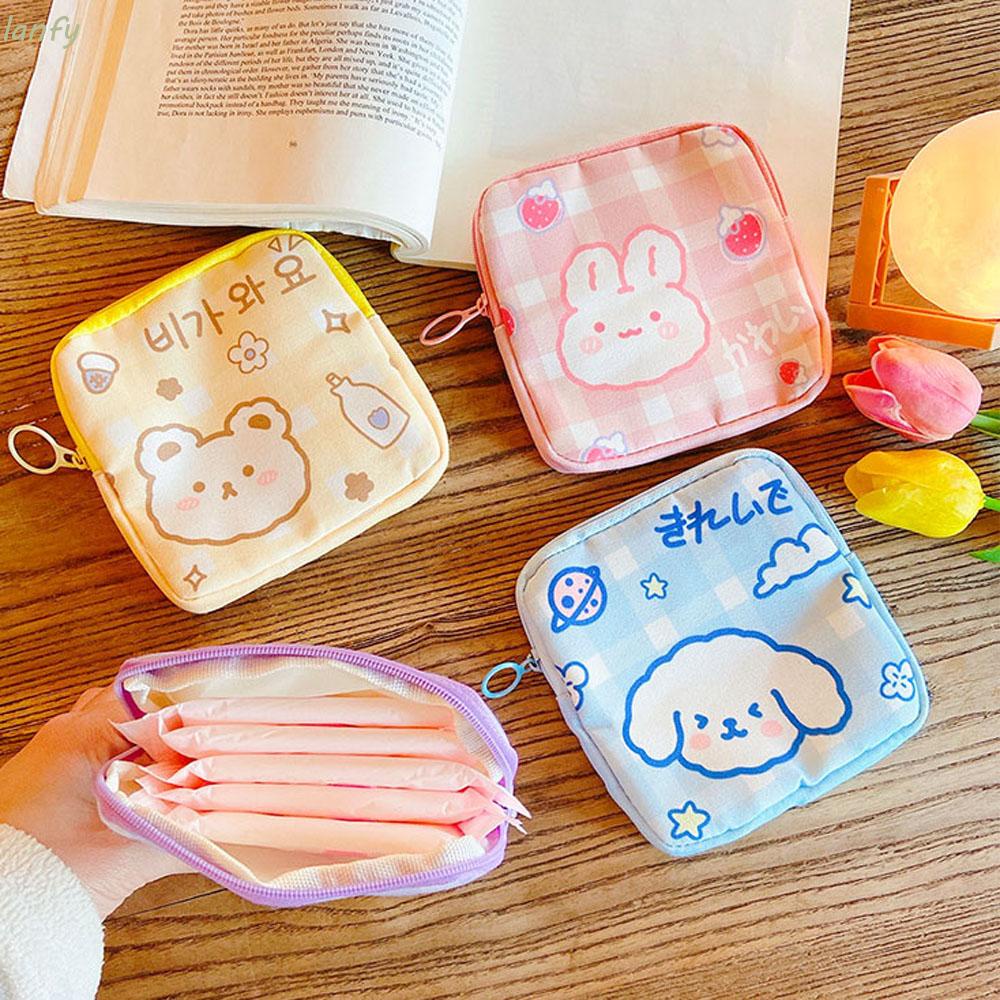 Túi đựng băng vệ sinh tiền xu thẻ tín dụng vải canvas họa tiết hoạt hình phong cách Hàn Quốc đáng yêu