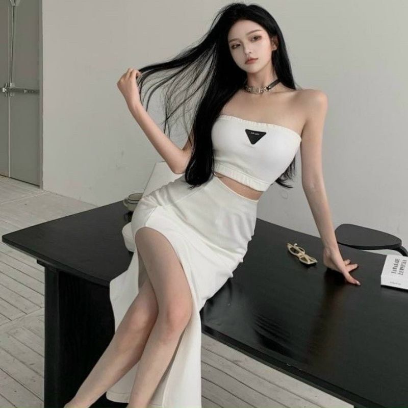 2FASHIONISTA (set) Áo ống + chân váy xẻ dài, size &lt; 53kilo