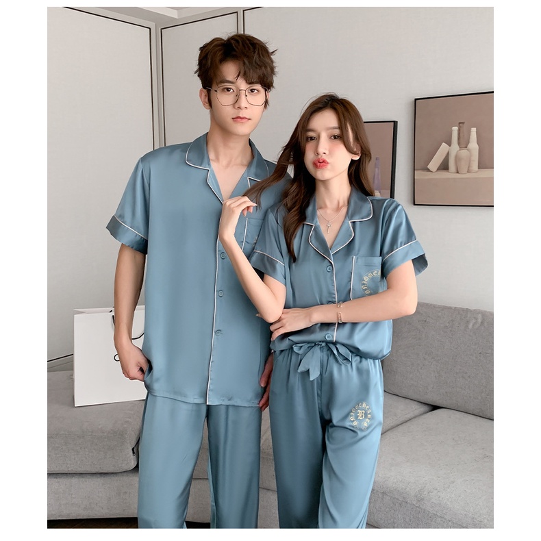 NG8758 Bộ pyjama đôi nam nữ ngắn tay vải lụa satin mềm rũ cao cấp hàng nhập - Thời Trang Dương