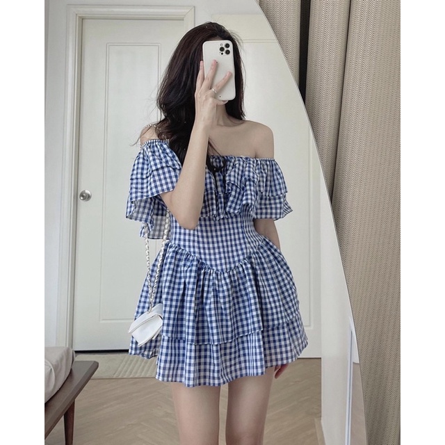 Đầm Kẻ Xanh Bèo Vai Thiết Kế Xếp Tầng Thời Trang 2 Màu✌️Ảnh Thật