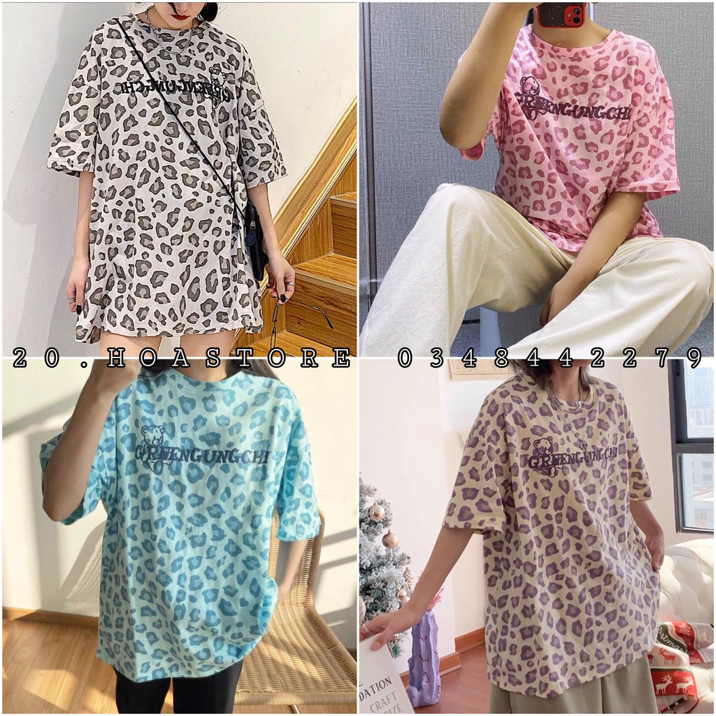 Áo Sơ Mi Vân Báo Xám Tím Xanh Hồng In chữ Unisex [FREESHIP] 🌸 Thun tay lỡ form rộng, phông loang màu da beo cá tính Ulz